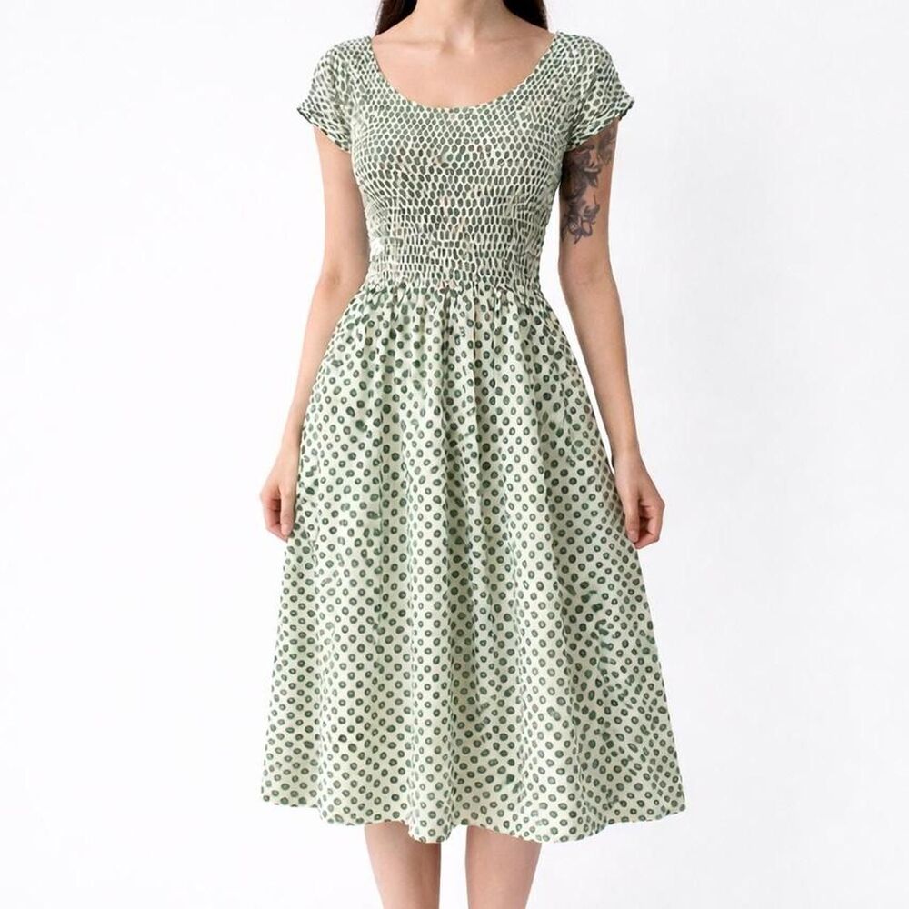 Vintage 50s Jerry Gilden Spectator Smocked Green Floral A-Line Midi Dress S